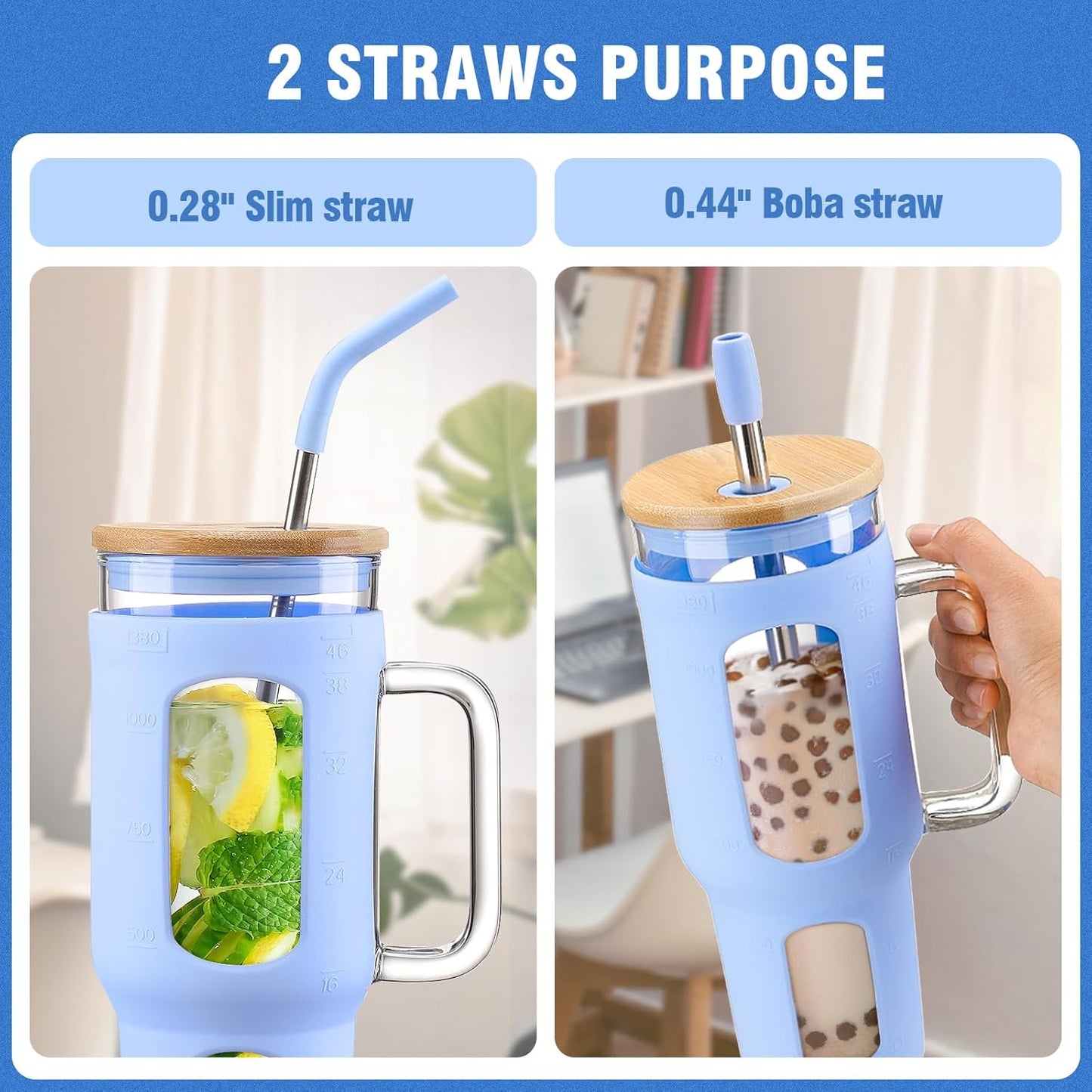 Glass Tumbler with Lid, 32 oz Glass Cup with Handle, Glass Water Bottles with Time Marker, 2 Straws - Pearl Straw & Silicone Protective Sleeve - Olive