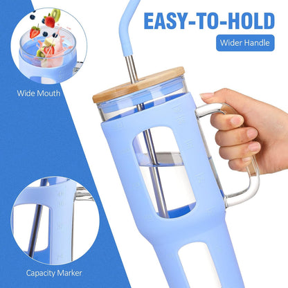 Glass Tumbler with Lid, 32 oz Glass Cup with Handle, Glass Water Bottles with Time Marker, 2 Straws - Pearl Straw & Silicone Protective Sleeve - Olive