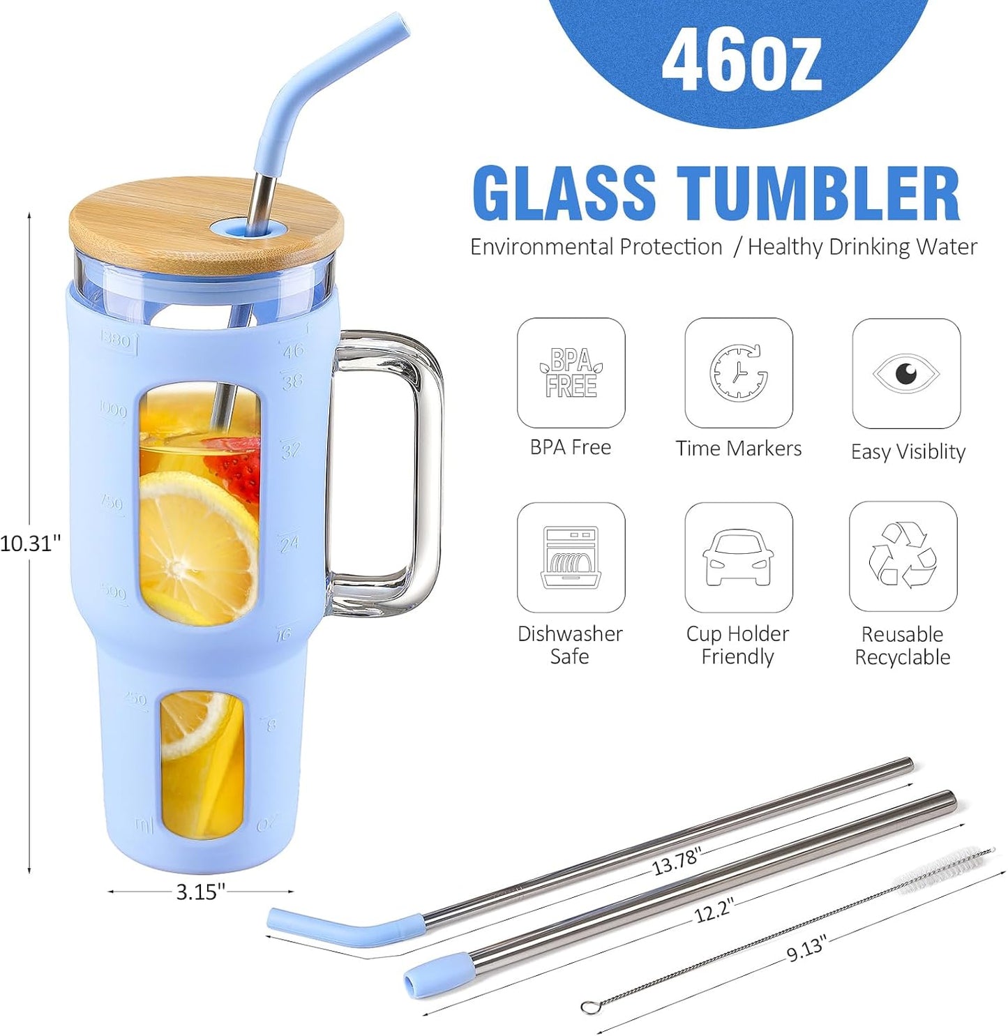 Glass Tumbler with Lid, 32 oz Glass Cup with Handle, Glass Water Bottles with Time Marker, 2 Straws - Pearl Straw & Silicone Protective Sleeve - Olive