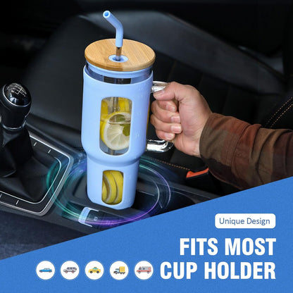 Glass Tumbler with Lid, 32 oz Glass Cup with Handle, Glass Water Bottles with Time Marker, 2 Straws - Pearl Straw & Silicone Protective Sleeve - Olive