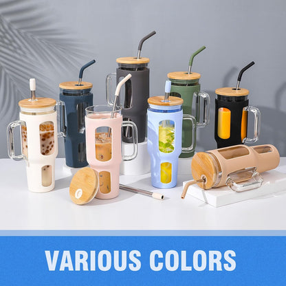 Glass Tumbler with Lid, 32 oz Glass Cup with Handle, Glass Water Bottles with Time Marker, 2 Straws - Pearl Straw & Silicone Protective Sleeve - Olive