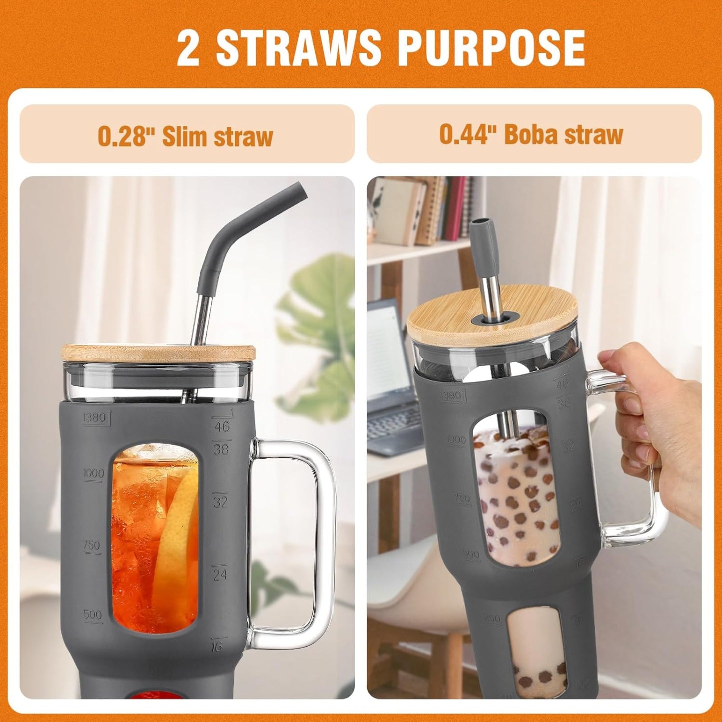 Glass Tumbler with Lid, 32 oz Glass Cup with Handle, Glass Water Bottles with Time Marker, 2 Straws - Pearl Straw & Silicone Protective Sleeve - Olive