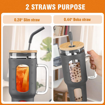 Glass Tumbler with Lid, 32 oz Glass Cup with Handle, Glass Water Bottles with Time Marker, 2 Straws - Pearl Straw & Silicone Protective Sleeve - Olive