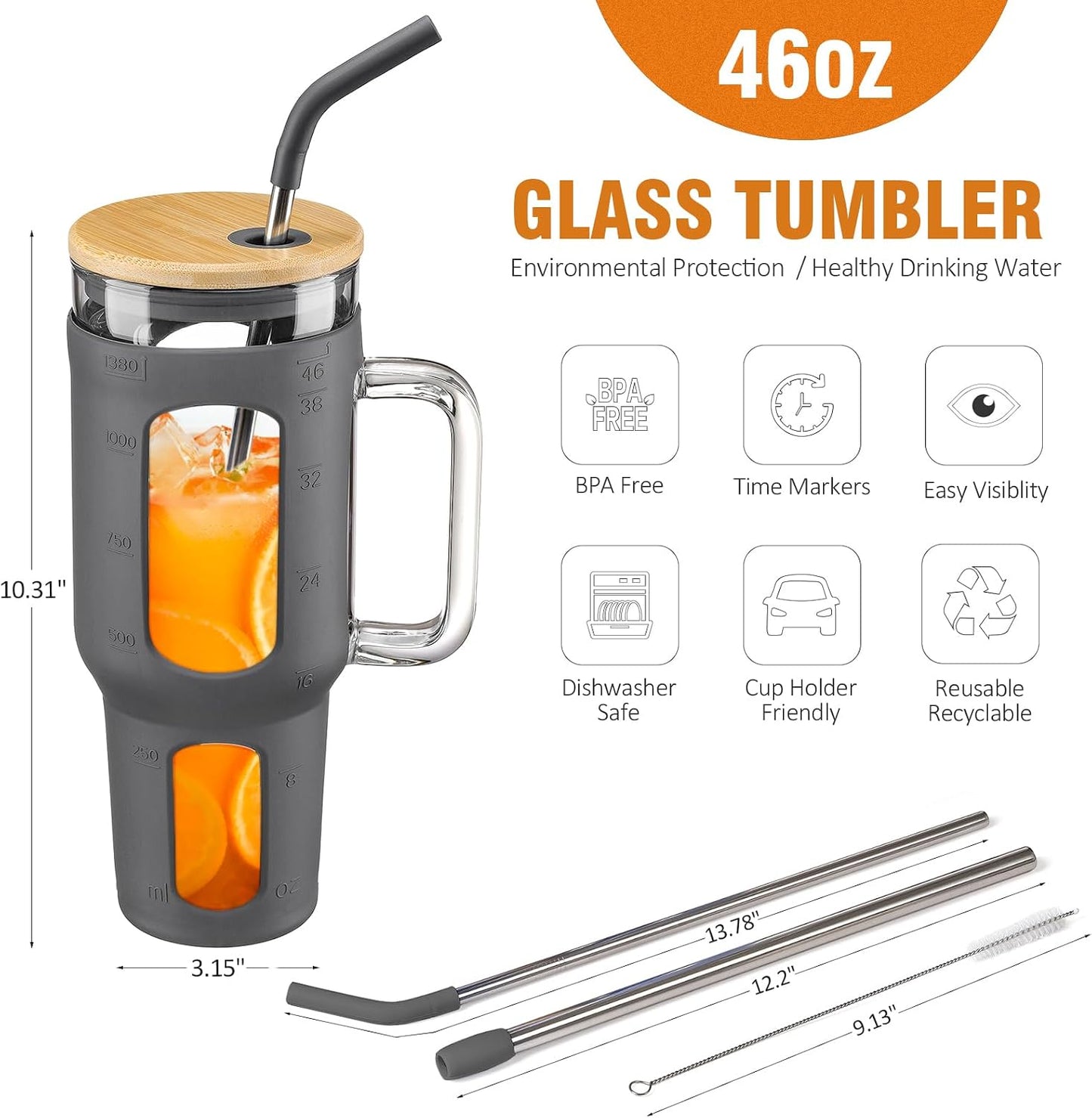 Glass Tumbler with Lid, 32 oz Glass Cup with Handle, Glass Water Bottles with Time Marker, 2 Straws - Pearl Straw & Silicone Protective Sleeve - Olive