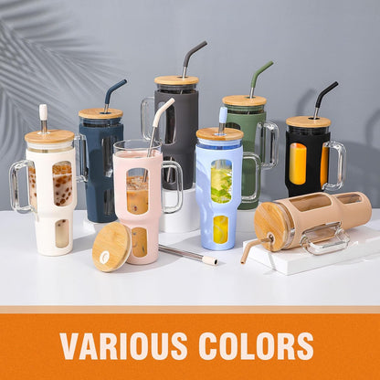 Glass Tumbler with Lid, 32 oz Glass Cup with Handle, Glass Water Bottles with Time Marker, 2 Straws - Pearl Straw & Silicone Protective Sleeve - Olive
