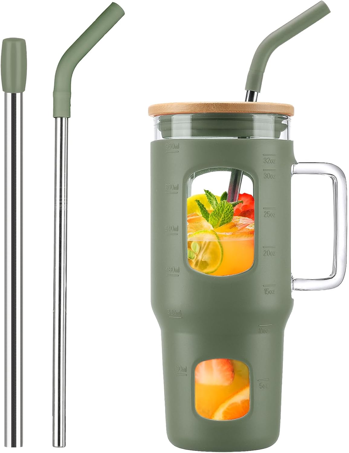 Glass Tumbler with Lid, 32 oz Glass Cup with Handle, Glass Water Bottles with Time Marker, 2 Straws - Pearl Straw & Silicone Protective Sleeve - Olive