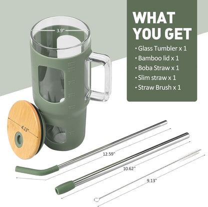 Glass Tumbler with Lid, 32 oz Glass Cup with Handle, Glass Water Bottles with Time Marker, 2 Straws - Pearl Straw & Silicone Protective Sleeve - Olive