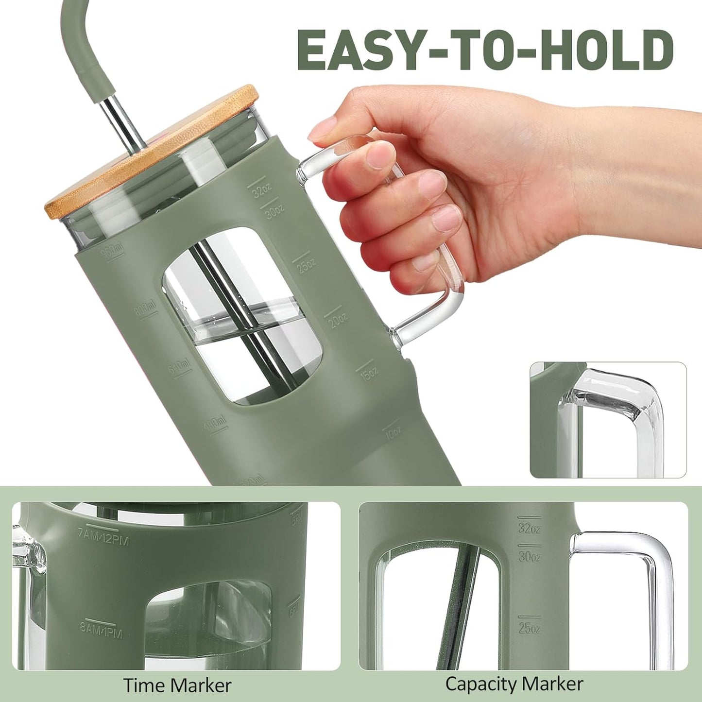 Glass Tumbler with Lid, 32 oz Glass Cup with Handle, Glass Water Bottles with Time Marker, 2 Straws - Pearl Straw & Silicone Protective Sleeve - Olive