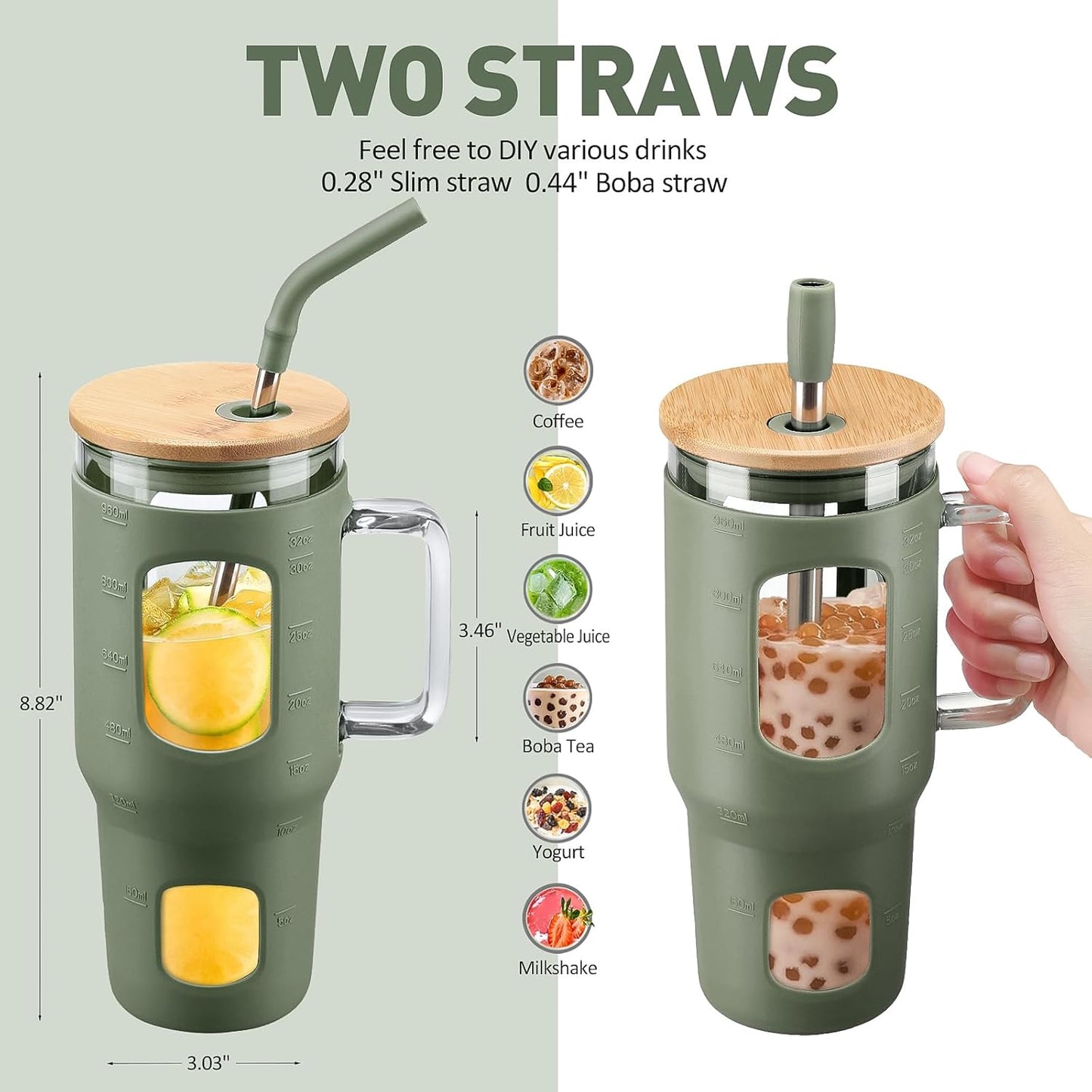 Glass Tumbler with Lid, 32 oz Glass Cup with Handle, Glass Water Bottles with Time Marker, 2 Straws - Pearl Straw & Silicone Protective Sleeve - Olive