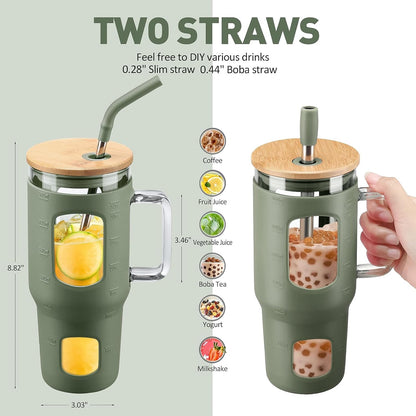 Glass Tumbler with Lid, 32 oz Glass Cup with Handle, Glass Water Bottles with Time Marker, 2 Straws - Pearl Straw & Silicone Protective Sleeve - Olive