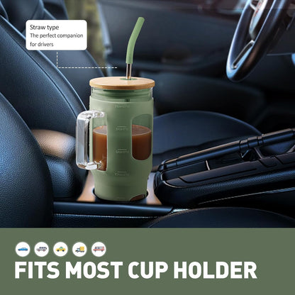 Glass Tumbler with Lid, 32 oz Glass Cup with Handle, Glass Water Bottles with Time Marker, 2 Straws - Pearl Straw & Silicone Protective Sleeve - Olive
