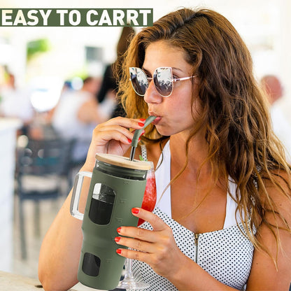 Glass Tumbler with Lid, 32 oz Glass Cup with Handle, Glass Water Bottles with Time Marker, 2 Straws - Pearl Straw & Silicone Protective Sleeve - Olive