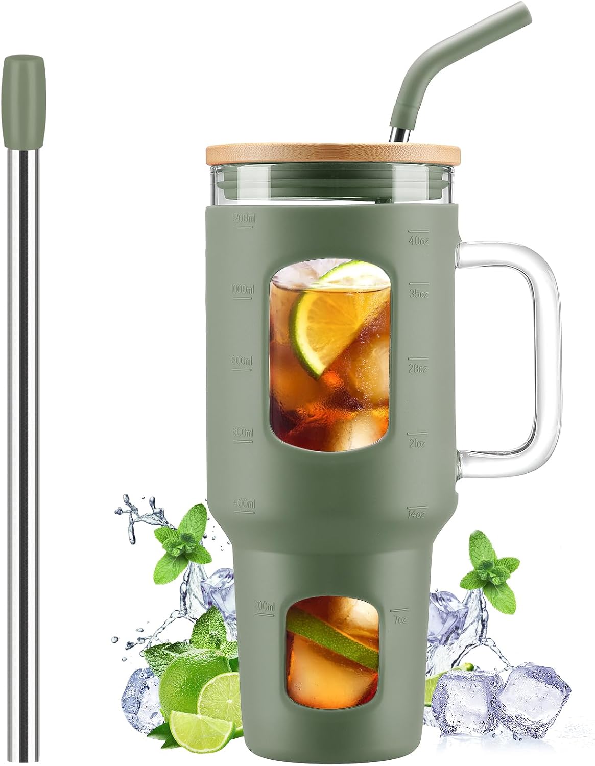 Glass Tumbler with Lid, 32 oz Glass Cup with Handle, Glass Water Bottles with Time Marker, 2 Straws - Pearl Straw & Silicone Protective Sleeve - Olive