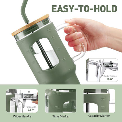 Glass Tumbler with Lid, 32 oz Glass Cup with Handle, Glass Water Bottles with Time Marker, 2 Straws - Pearl Straw & Silicone Protective Sleeve - Olive