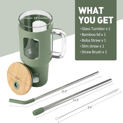 Glass Tumbler with Lid, 32 oz Glass Cup with Handle, Glass Water Bottles with Time Marker, 2 Straws - Pearl Straw & Silicone Protective Sleeve - Olive