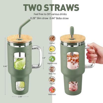Glass Tumbler with Lid, 32 oz Glass Cup with Handle, Glass Water Bottles with Time Marker, 2 Straws - Pearl Straw & Silicone Protective Sleeve - Olive