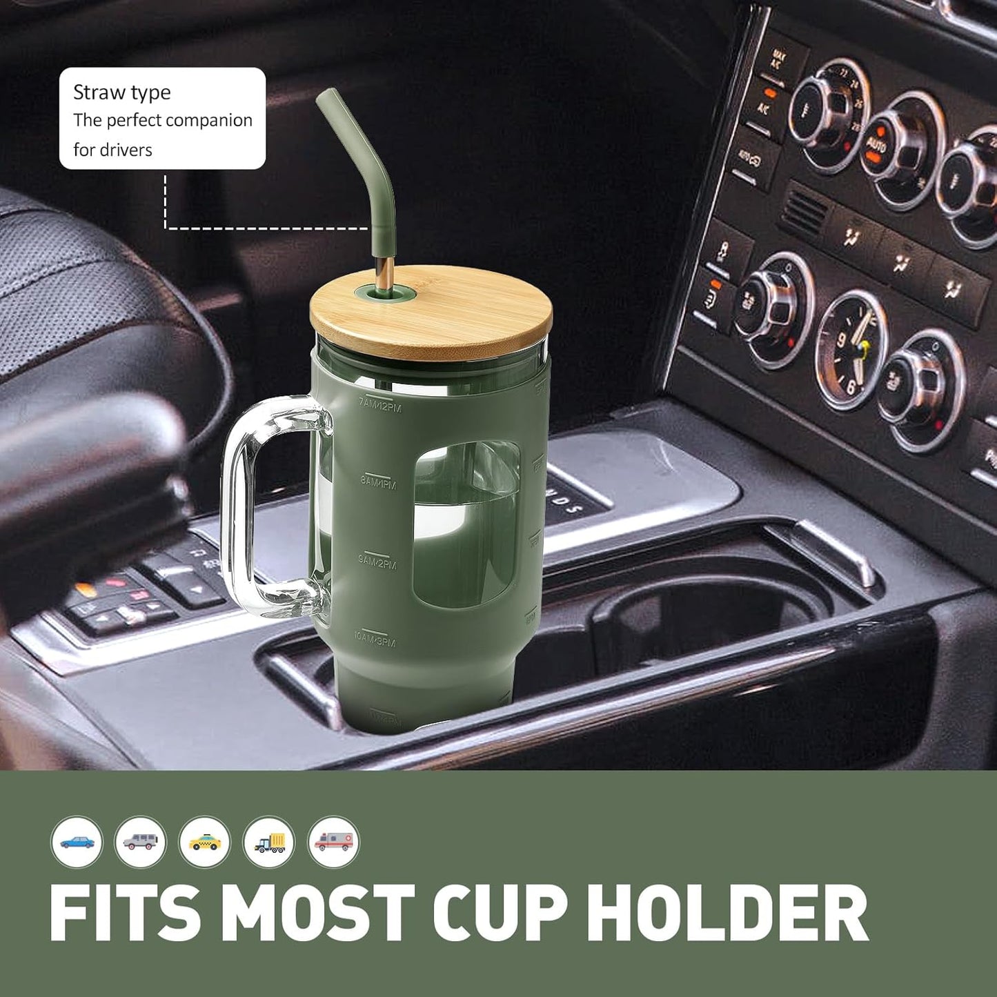 Glass Tumbler with Lid, 32 oz Glass Cup with Handle, Glass Water Bottles with Time Marker, 2 Straws - Pearl Straw & Silicone Protective Sleeve - Olive