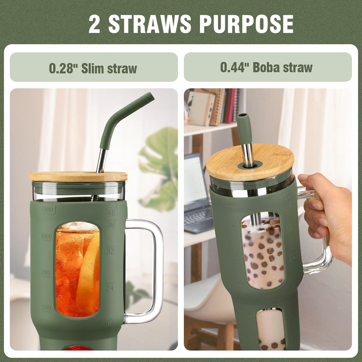 Glass Tumbler with Lid, 32 oz Glass Cup with Handle, Glass Water Bottles with Time Marker, 2 Straws - Pearl Straw & Silicone Protective Sleeve - Olive