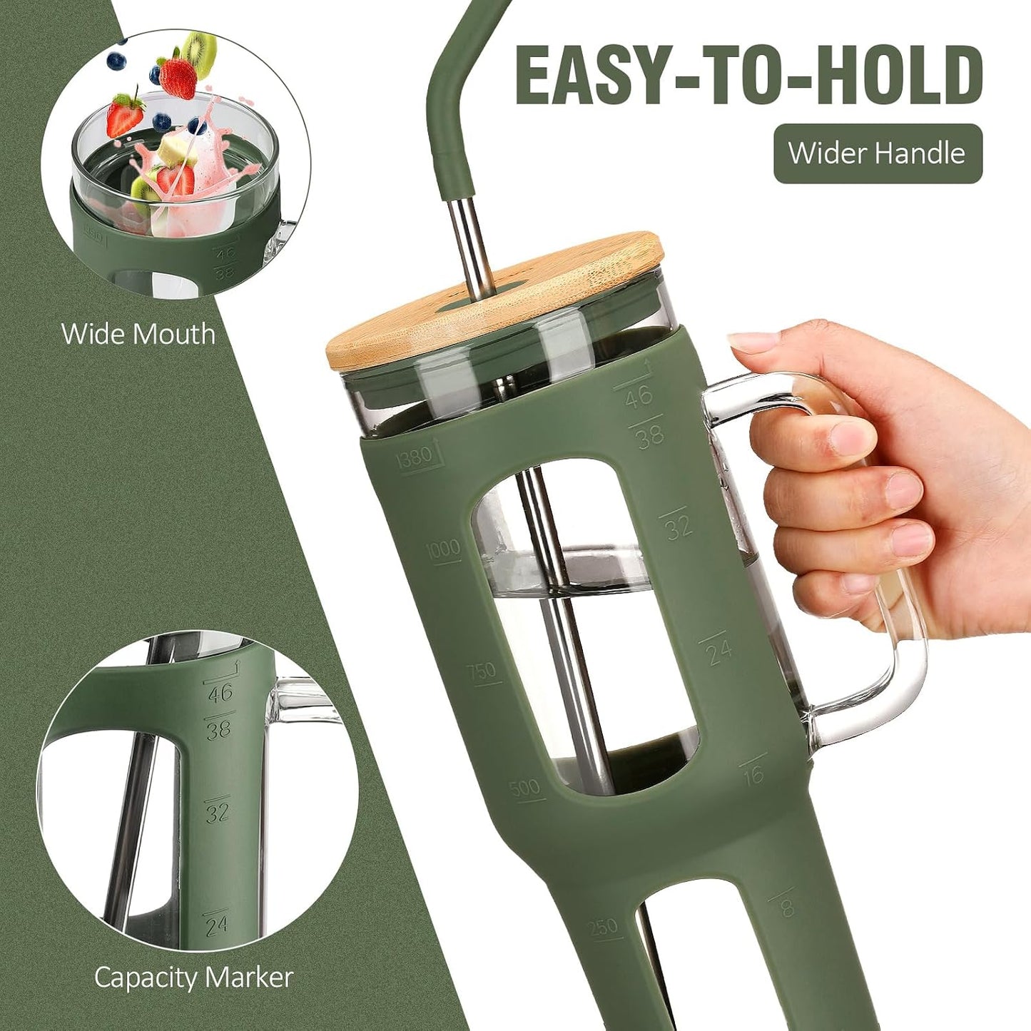 Glass Tumbler with Lid, 32 oz Glass Cup with Handle, Glass Water Bottles with Time Marker, 2 Straws - Pearl Straw & Silicone Protective Sleeve - Olive