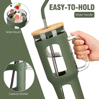 Glass Tumbler with Lid, 32 oz Glass Cup with Handle, Glass Water Bottles with Time Marker, 2 Straws - Pearl Straw & Silicone Protective Sleeve - Olive