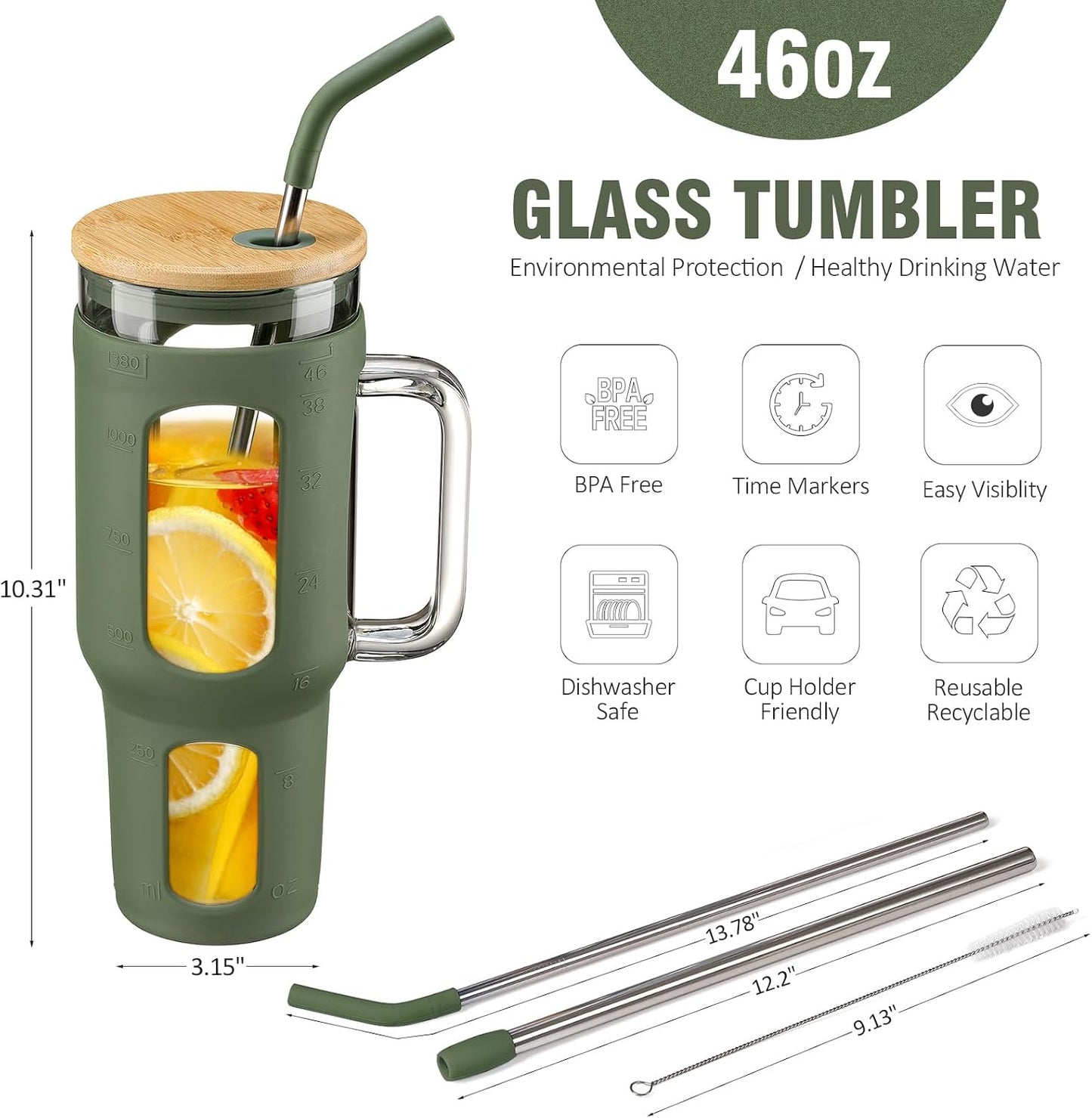 Glass Tumbler with Lid, 32 oz Glass Cup with Handle, Glass Water Bottles with Time Marker, 2 Straws - Pearl Straw & Silicone Protective Sleeve - Olive