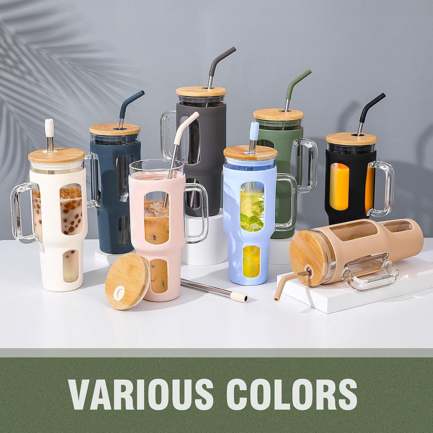 Glass Tumbler with Lid, 32 oz Glass Cup with Handle, Glass Water Bottles with Time Marker, 2 Straws - Pearl Straw & Silicone Protective Sleeve - Olive