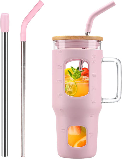Glass Tumbler with Lid, 32 oz Glass Cup with Handle, Glass Water Bottles with Time Marker, 2 Straws - Pearl Straw & Silicone Protective Sleeve - Olive