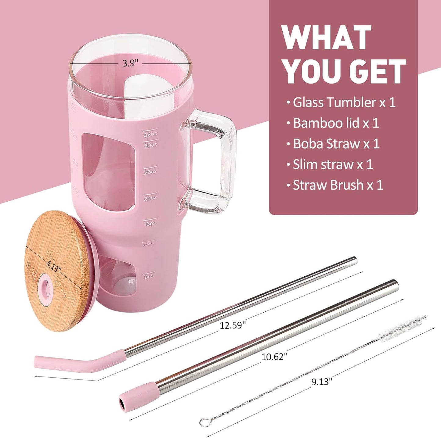 Glass Tumbler with Lid, 32 oz Glass Cup with Handle, Glass Water Bottles with Time Marker, 2 Straws - Pearl Straw & Silicone Protective Sleeve - Olive