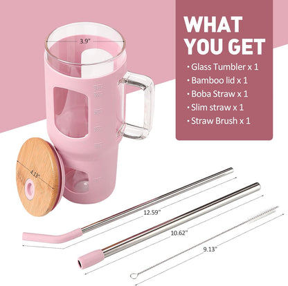 Glass Tumbler with Lid, 32 oz Glass Cup with Handle, Glass Water Bottles with Time Marker, 2 Straws - Pearl Straw & Silicone Protective Sleeve - Olive