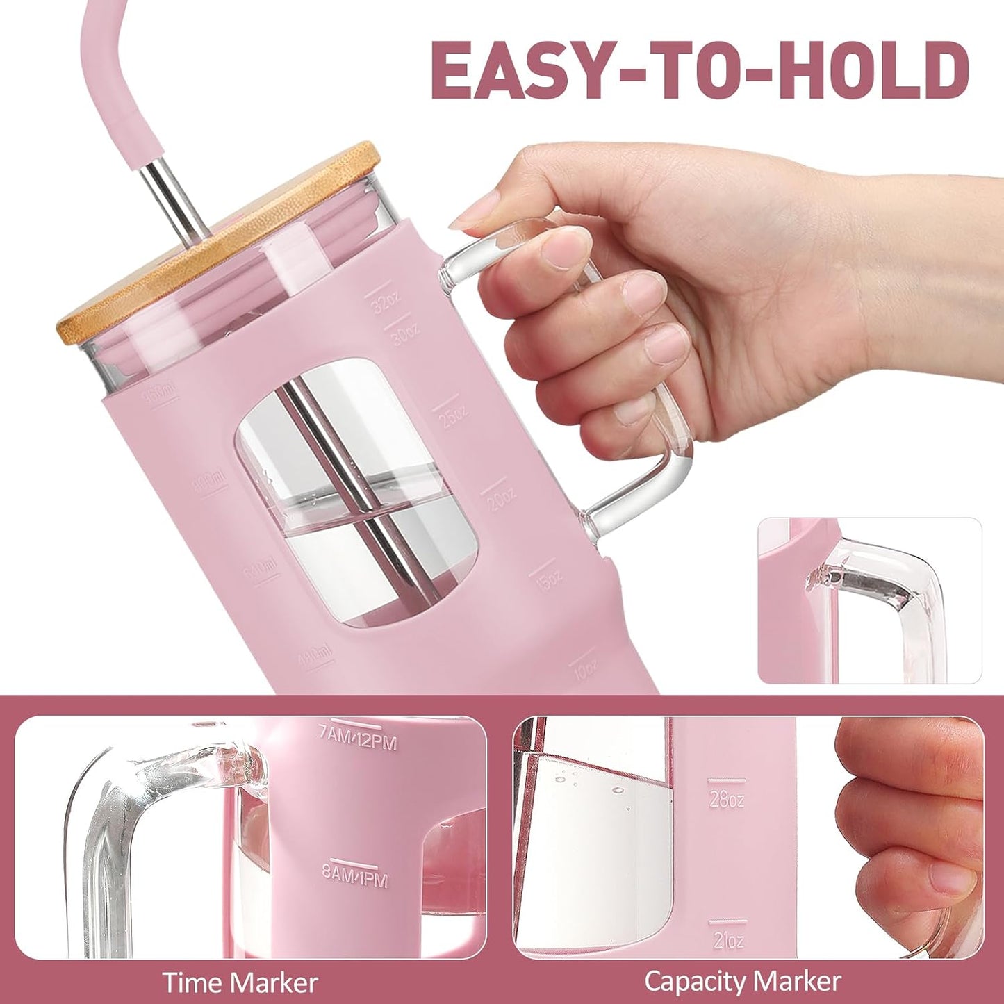 Glass Tumbler with Lid, 32 oz Glass Cup with Handle, Glass Water Bottles with Time Marker, 2 Straws - Pearl Straw & Silicone Protective Sleeve - Olive