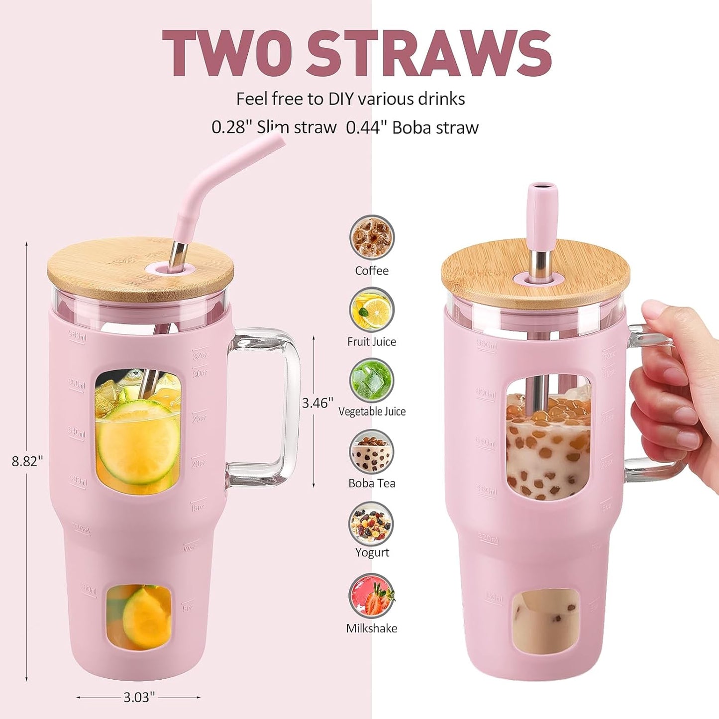 Glass Tumbler with Lid, 32 oz Glass Cup with Handle, Glass Water Bottles with Time Marker, 2 Straws - Pearl Straw & Silicone Protective Sleeve - Olive