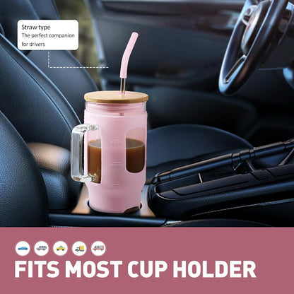 Glass Tumbler with Lid, 32 oz Glass Cup with Handle, Glass Water Bottles with Time Marker, 2 Straws - Pearl Straw & Silicone Protective Sleeve - Olive