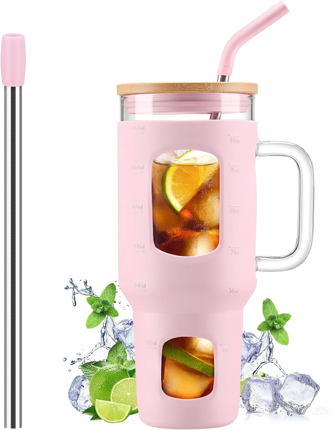 Glass Tumbler with Lid, 32 oz Glass Cup with Handle, Glass Water Bottles with Time Marker, 2 Straws - Pearl Straw & Silicone Protective Sleeve - Olive