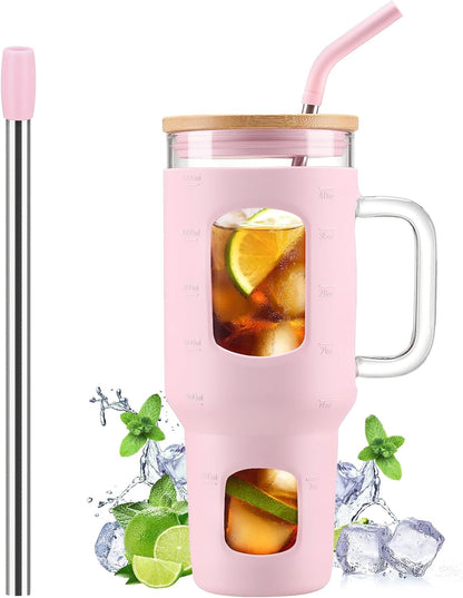 Glass Tumbler with Lid, 32 oz Glass Cup with Handle, Glass Water Bottles with Time Marker, 2 Straws - Pearl Straw & Silicone Protective Sleeve - Olive