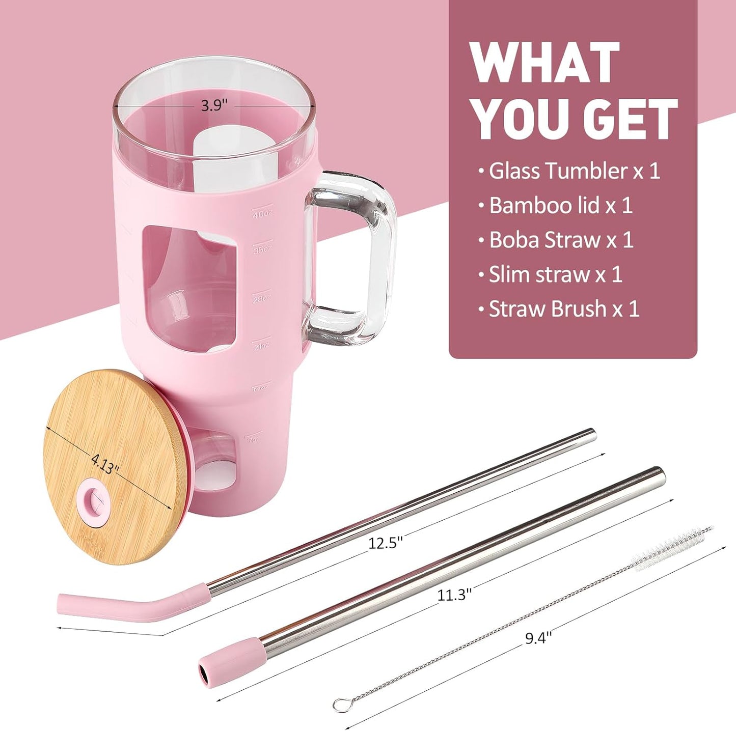 Glass Tumbler with Lid, 32 oz Glass Cup with Handle, Glass Water Bottles with Time Marker, 2 Straws - Pearl Straw & Silicone Protective Sleeve - Olive