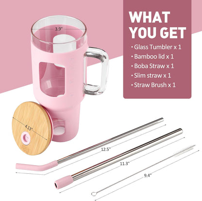 Glass Tumbler with Lid, 32 oz Glass Cup with Handle, Glass Water Bottles with Time Marker, 2 Straws - Pearl Straw & Silicone Protective Sleeve - Olive