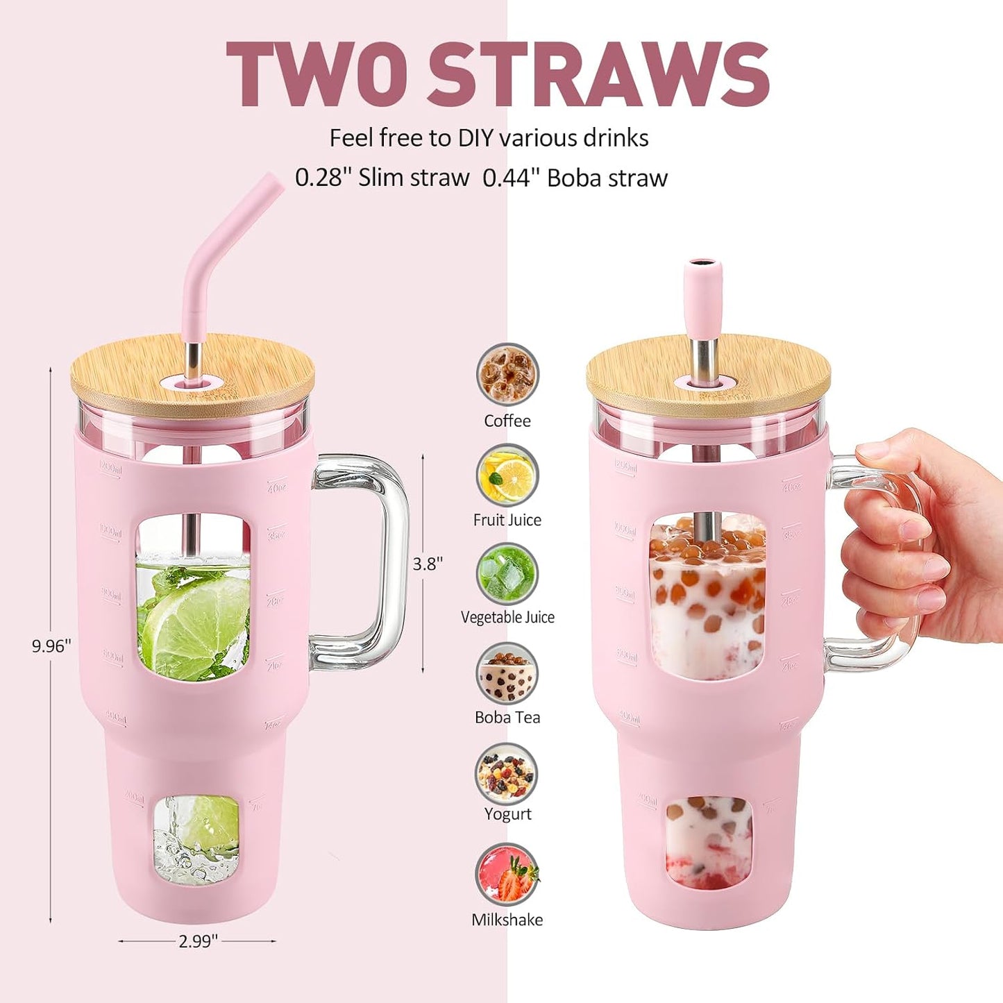 Glass Tumbler with Lid, 32 oz Glass Cup with Handle, Glass Water Bottles with Time Marker, 2 Straws - Pearl Straw & Silicone Protective Sleeve - Olive