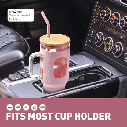 Glass Tumbler with Lid, 32 oz Glass Cup with Handle, Glass Water Bottles with Time Marker, 2 Straws - Pearl Straw & Silicone Protective Sleeve - Olive