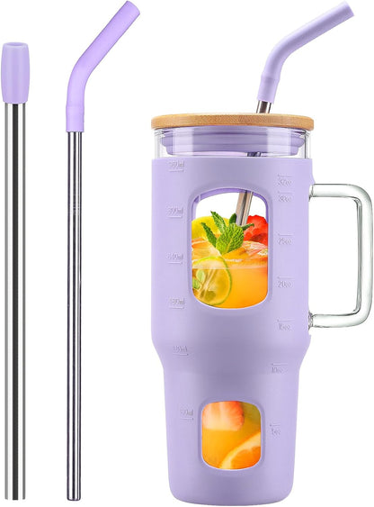 Glass Tumbler with Lid, 32 oz Glass Cup with Handle, Glass Water Bottles with Time Marker, 2 Straws - Pearl Straw & Silicone Protective Sleeve - Olive