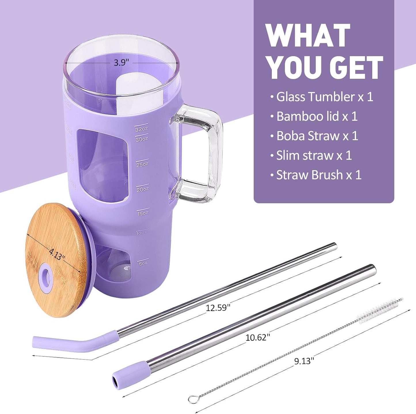 Glass Tumbler with Lid, 32 oz Glass Cup with Handle, Glass Water Bottles with Time Marker, 2 Straws - Pearl Straw & Silicone Protective Sleeve - Olive