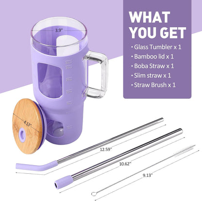 Glass Tumbler with Lid, 32 oz Glass Cup with Handle, Glass Water Bottles with Time Marker, 2 Straws - Pearl Straw & Silicone Protective Sleeve - Olive