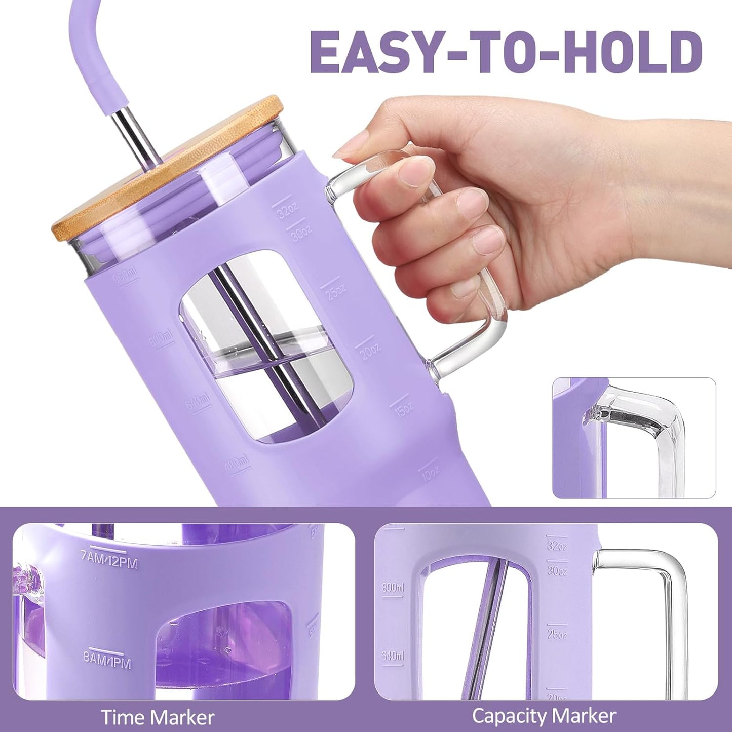 Glass Tumbler with Lid, 32 oz Glass Cup with Handle, Glass Water Bottles with Time Marker, 2 Straws - Pearl Straw & Silicone Protective Sleeve - Olive