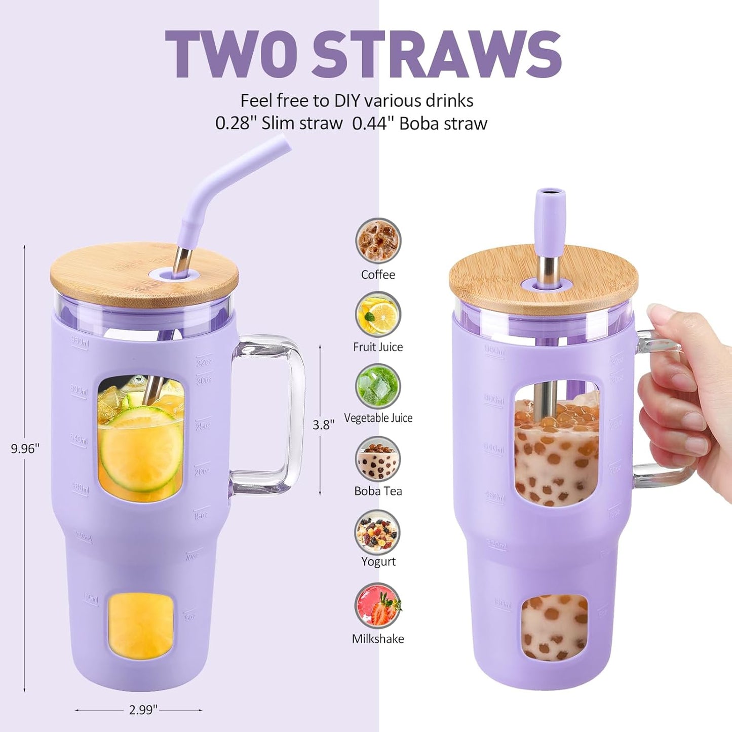 Glass Tumbler with Lid, 32 oz Glass Cup with Handle, Glass Water Bottles with Time Marker, 2 Straws - Pearl Straw & Silicone Protective Sleeve - Olive