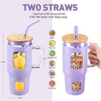 Glass Tumbler with Lid, 32 oz Glass Cup with Handle, Glass Water Bottles with Time Marker, 2 Straws - Pearl Straw & Silicone Protective Sleeve - Olive