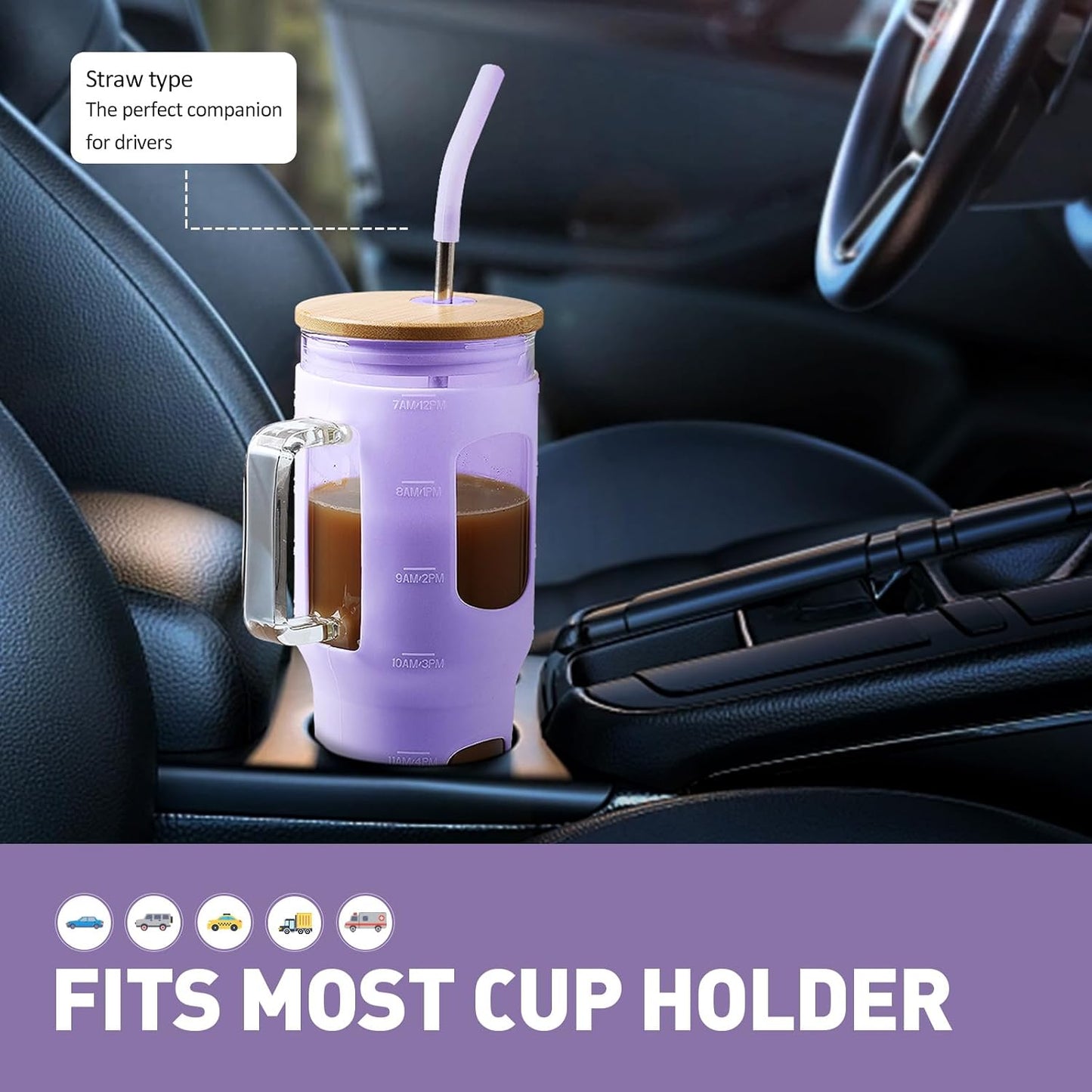Glass Tumbler with Lid, 32 oz Glass Cup with Handle, Glass Water Bottles with Time Marker, 2 Straws - Pearl Straw & Silicone Protective Sleeve - Olive