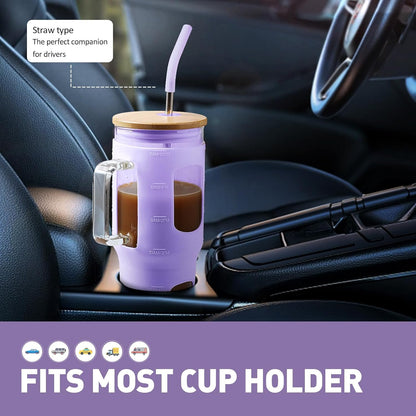 Glass Tumbler with Lid, 32 oz Glass Cup with Handle, Glass Water Bottles with Time Marker, 2 Straws - Pearl Straw & Silicone Protective Sleeve - Olive