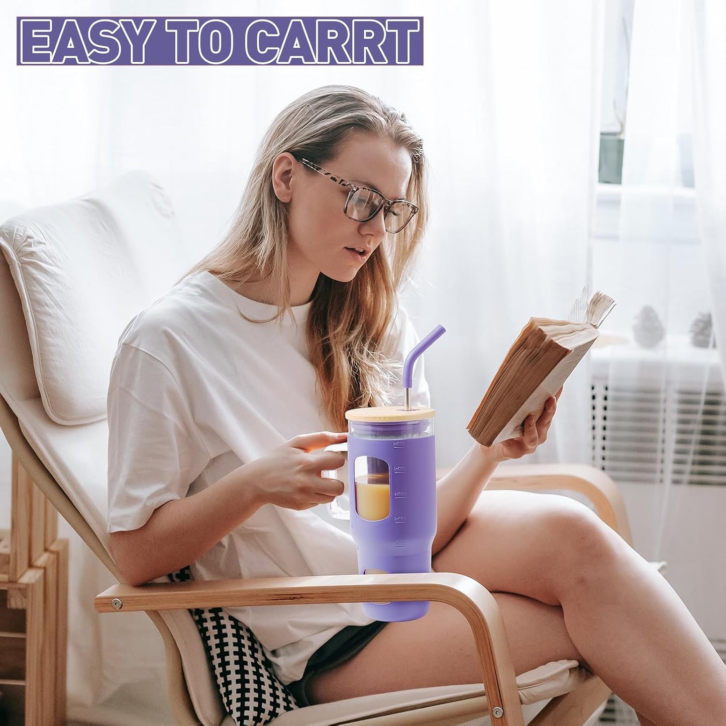 Glass Tumbler with Lid, 32 oz Glass Cup with Handle, Glass Water Bottles with Time Marker, 2 Straws - Pearl Straw & Silicone Protective Sleeve - Olive