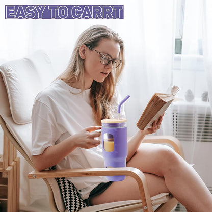 Glass Tumbler with Lid, 32 oz Glass Cup with Handle, Glass Water Bottles with Time Marker, 2 Straws - Pearl Straw & Silicone Protective Sleeve - Olive