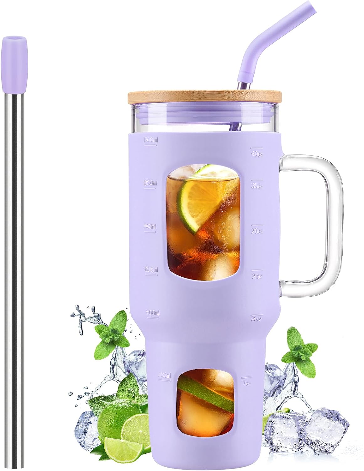 Glass Tumbler with Lid, 32 oz Glass Cup with Handle, Glass Water Bottles with Time Marker, 2 Straws - Pearl Straw & Silicone Protective Sleeve - Olive