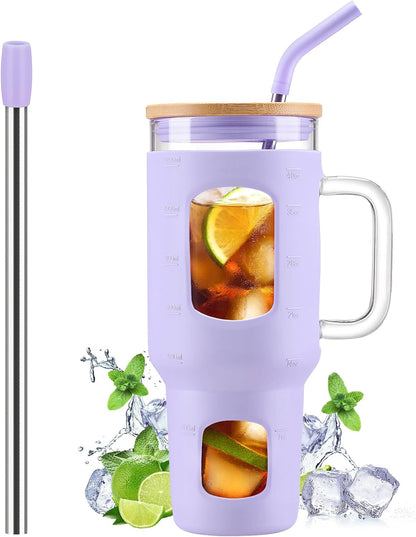 Glass Tumbler with Lid, 32 oz Glass Cup with Handle, Glass Water Bottles with Time Marker, 2 Straws - Pearl Straw & Silicone Protective Sleeve - Olive